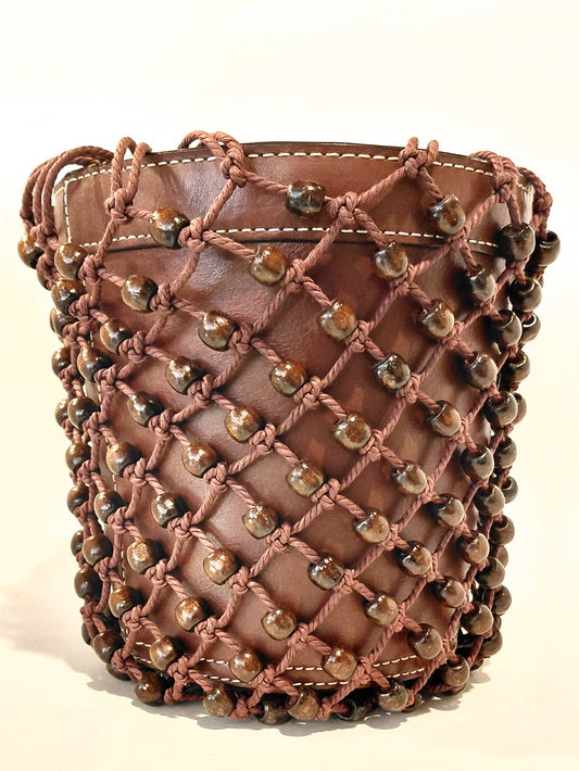 STAUD Moreau Leather and Macrame Bucket Bag