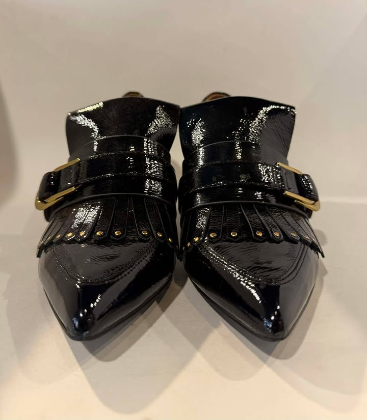 & Other Stories Women's Black Patent Leather Pointed Toe Oxford Heeled Shoes, Size 9.5