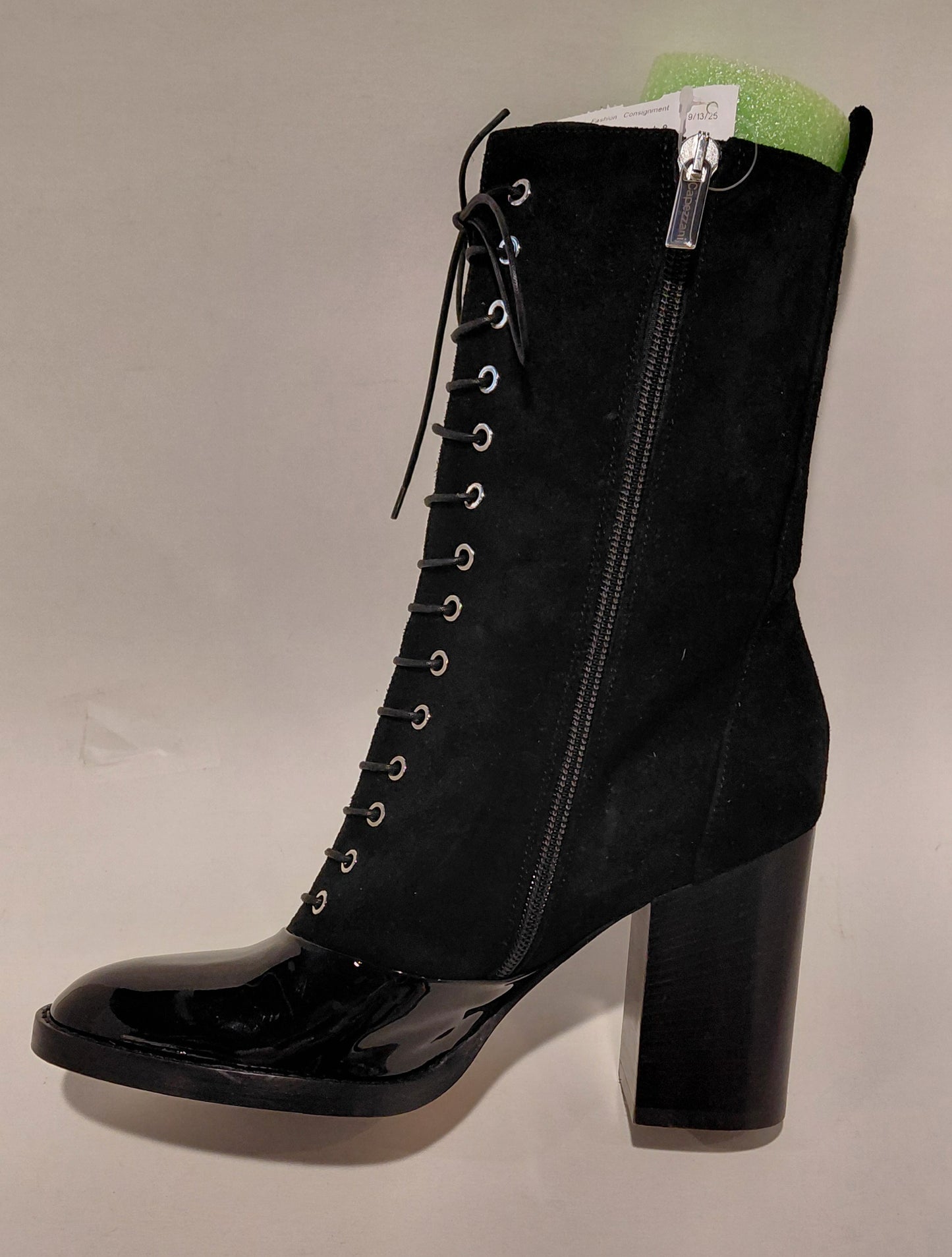 Capezzani Black Lace Up Suede and Patent Leather Block Heel Boots Size 8